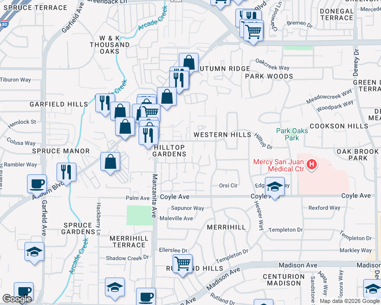 map of restaurants, bars, coffee shops, grocery stores, and more near 6000 Hilltop Drive in Carmichael