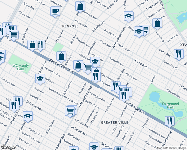 map of restaurants, bars, coffee shops, grocery stores, and more near 4446 San Francisco Avenue in St. Louis