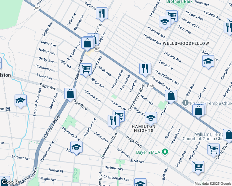 map of restaurants, bars, coffee shops, grocery stores, and more near 1422 Hamilton Avenue in St. Louis