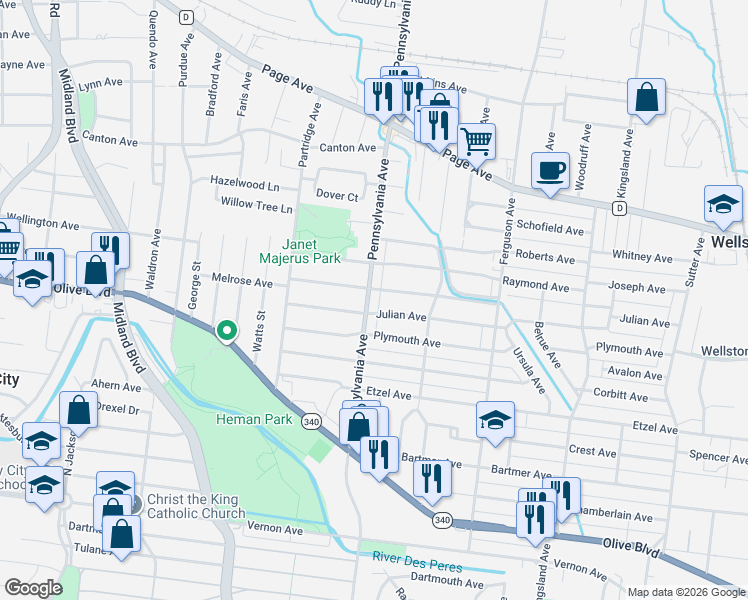 map of restaurants, bars, coffee shops, grocery stores, and more near 1226 Pennsylvania Avenue in University City