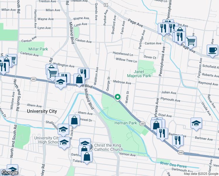 map of restaurants, bars, coffee shops, grocery stores, and more near 1132 George Street in University City