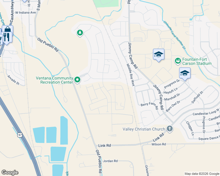map of restaurants, bars, coffee shops, grocery stores, and more near 7407 Benecia Drive in Fountain