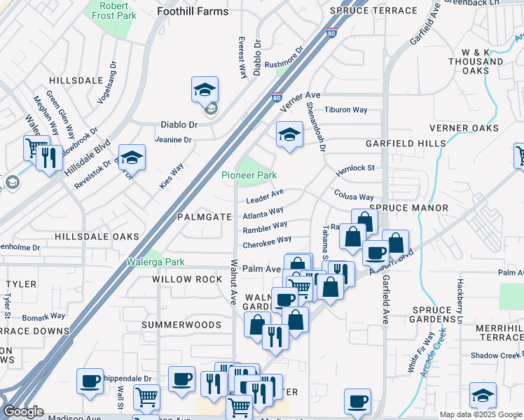 map of restaurants, bars, coffee shops, grocery stores, and more near 5125 Atlanta Way in Sacramento