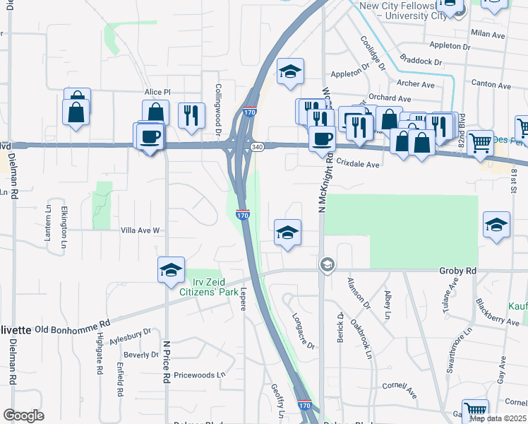 map of restaurants, bars, coffee shops, grocery stores, and more near 8674 Spoon Drive in St. Louis