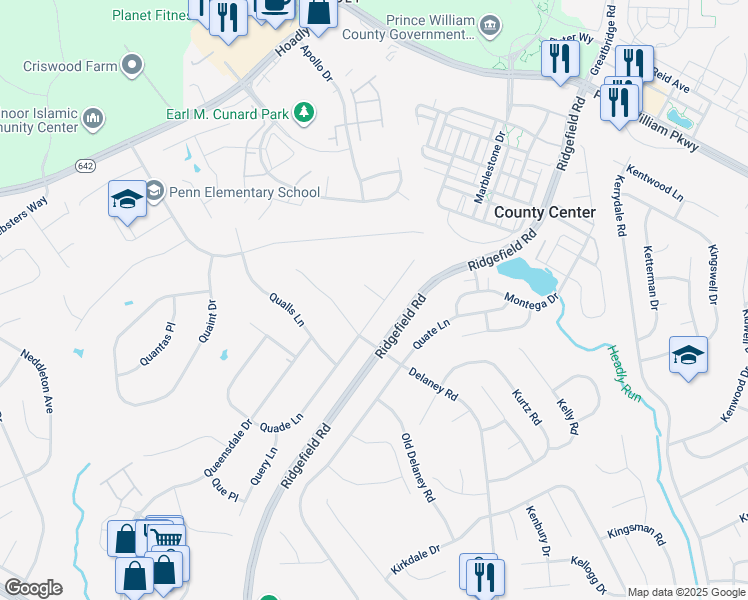 map of restaurants, bars, coffee shops, grocery stores, and more near 13082 Quade Lane in Woodbridge