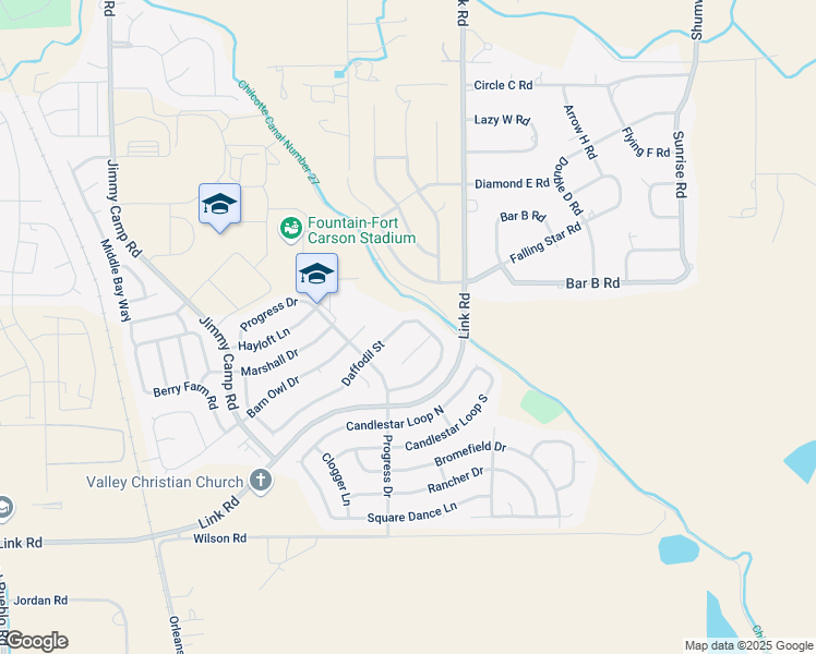 map of restaurants, bars, coffee shops, grocery stores, and more near 934 Daffodil Street in Fountain