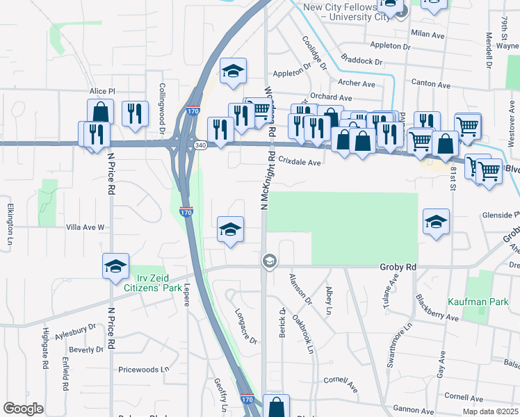 map of restaurants, bars, coffee shops, grocery stores, and more near 1133 McKnight Road in St. Louis