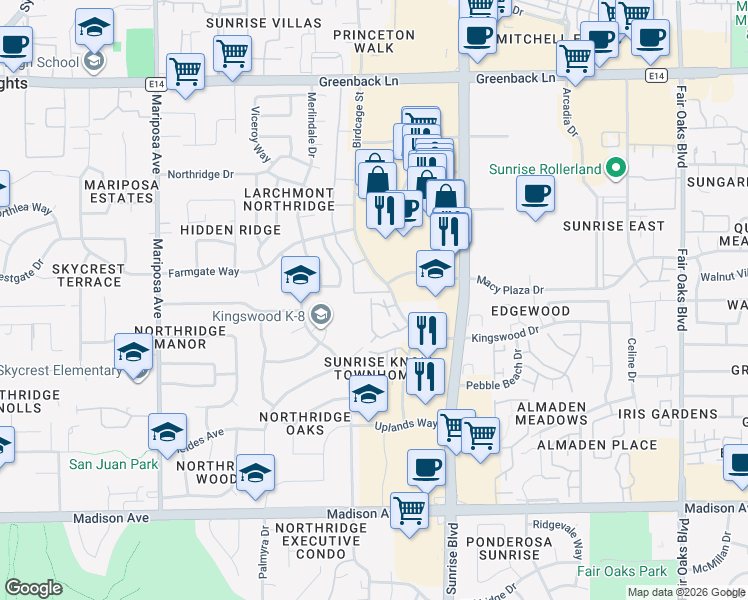 map of restaurants, bars, coffee shops, grocery stores, and more near 5801 Birdcage Street in Citrus Heights