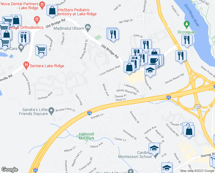 map of restaurants, bars, coffee shops, grocery stores, and more near 1740 Tiger Lily Circle in Woodbridge
