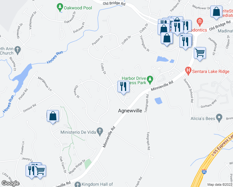 map of restaurants, bars, coffee shops, grocery stores, and more near Colby Drive in Woodbridge