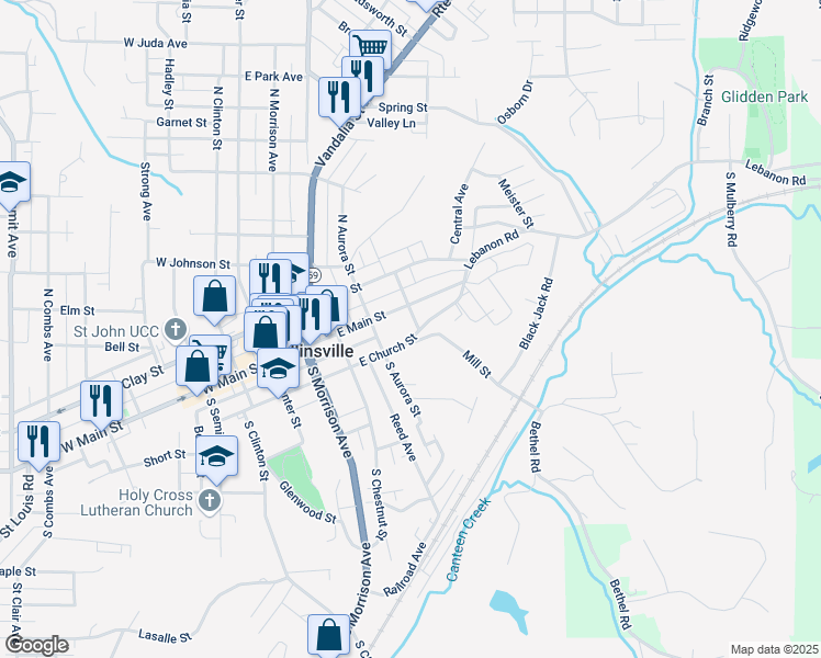 map of restaurants, bars, coffee shops, grocery stores, and more near 600 East Main Street in Collinsville