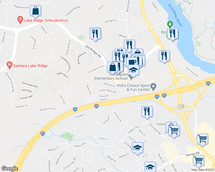 map of restaurants, bars, coffee shops, grocery stores, and more near 1603 Lakewood Drive in Woodbridge