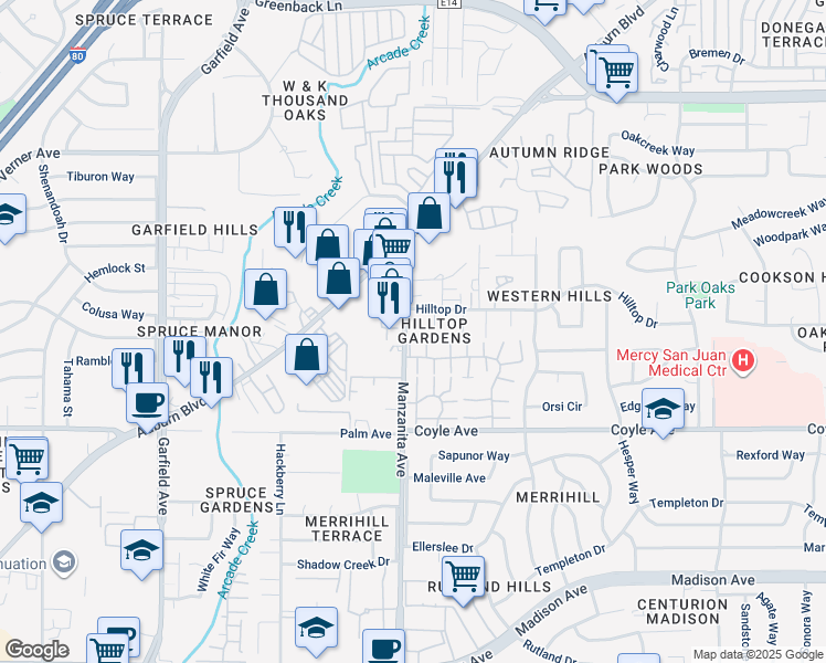 map of restaurants, bars, coffee shops, grocery stores, and more near in Carmichael