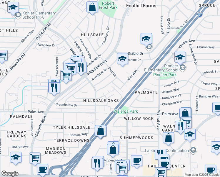 map of restaurants, bars, coffee shops, grocery stores, and more near 4740 Stonehurst Way in Sacramento