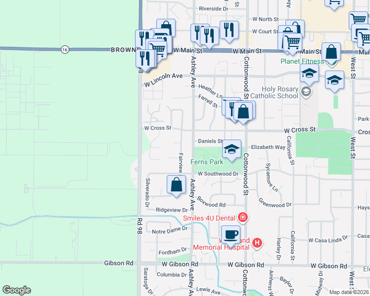 map of restaurants, bars, coffee shops, grocery stores, and more near 714 Ashley Avenue in Woodland