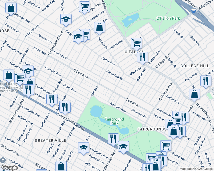 map of restaurants, bars, coffee shops, grocery stores, and more near 4125 Penrose Street in St. Louis