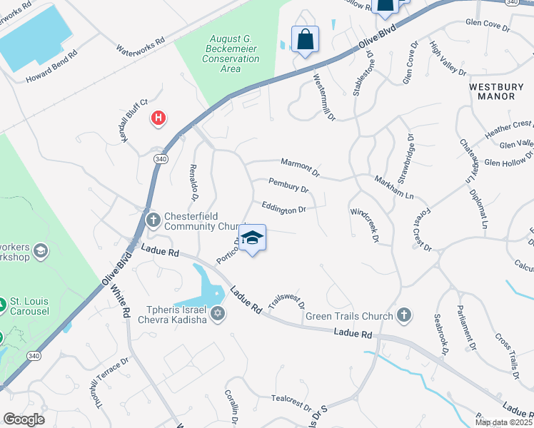 map of restaurants, bars, coffee shops, grocery stores, and more near 14531 Eddington Drive in Chesterfield