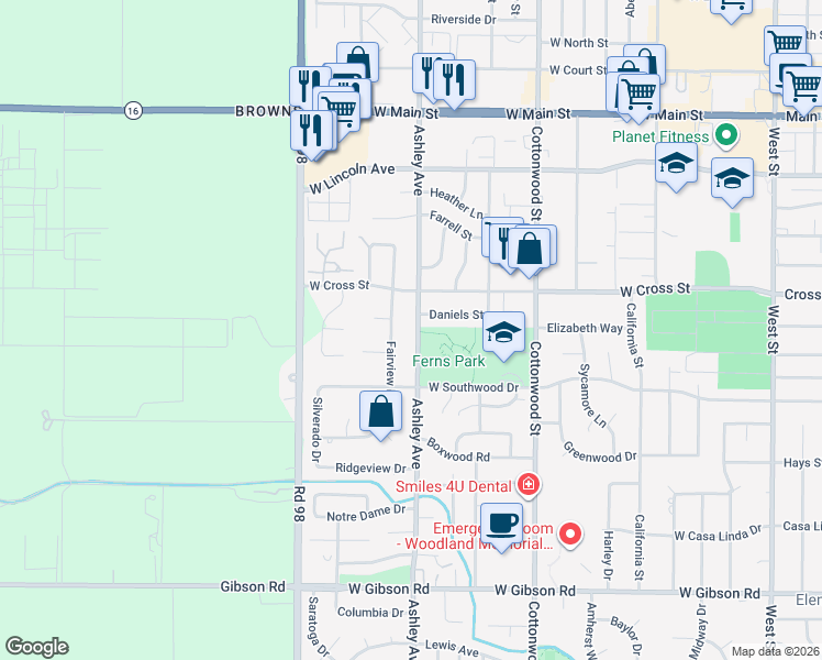 map of restaurants, bars, coffee shops, grocery stores, and more near 722 Ashley Avenue in Woodland