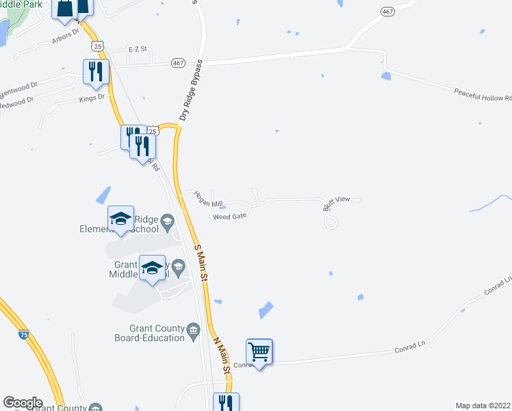 map of restaurants, bars, coffee shops, grocery stores, and more near Hogan Mill in Dry Ridge