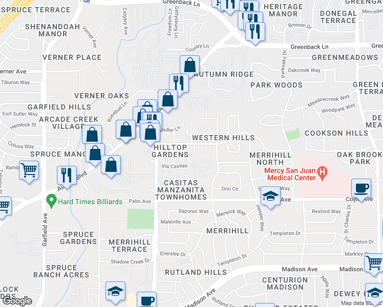 map of restaurants, bars, coffee shops, grocery stores, and more near 5821 Enfield Street in Carmichael