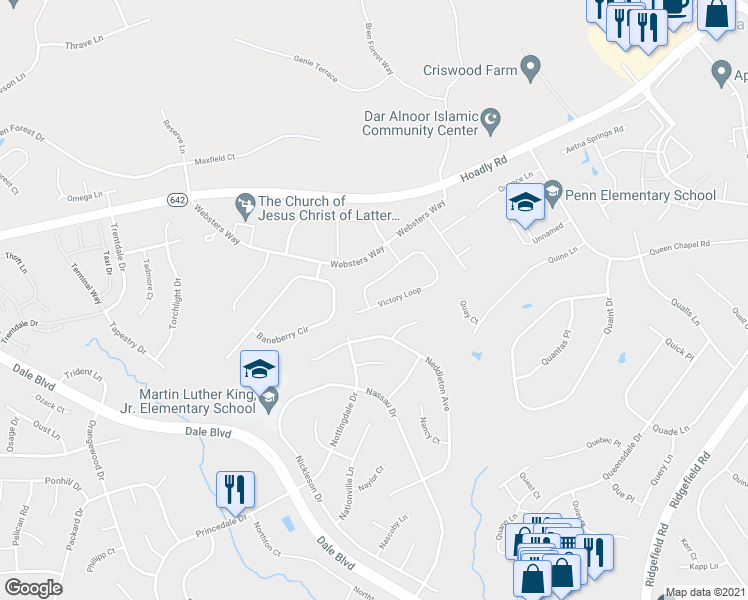 map of restaurants, bars, coffee shops, grocery stores, and more near 5630 Victory Loop in Manassas