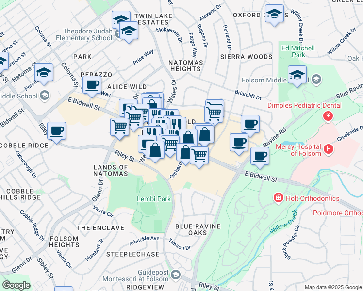 map of restaurants, bars, coffee shops, grocery stores, and more near 706 East Bidwell Street in Folsom