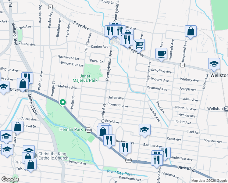 map of restaurants, bars, coffee shops, grocery stores, and more near 6929 Melrose Avenue in University City