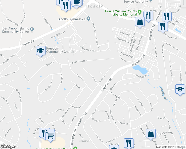 map of restaurants, bars, coffee shops, grocery stores, and more near 5018 Quell Court in Woodbridge