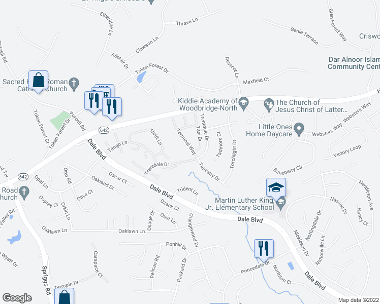 map of restaurants, bars, coffee shops, grocery stores, and more near 13038 Terminal Way in Woodbridge