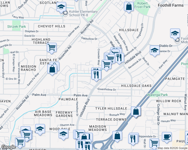 map of restaurants, bars, coffee shops, grocery stores, and more near 5800 Hamilton Street in Sacramento