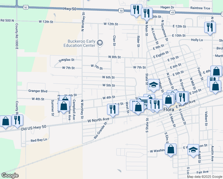 map of restaurants, bars, coffee shops, grocery stores, and more near 465 Seminary Street in Flora