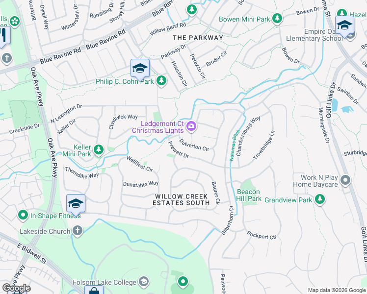 map of restaurants, bars, coffee shops, grocery stores, and more near 108 Dulverton Circle in Folsom