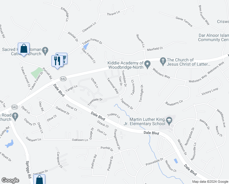 map of restaurants, bars, coffee shops, grocery stores, and more near 13036 Terminal Way in Woodbridge