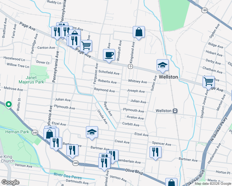map of restaurants, bars, coffee shops, grocery stores, and more near 6701 Raymond Avenue in St. Louis