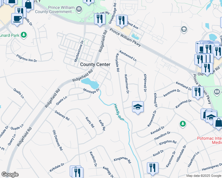 map of restaurants, bars, coffee shops, grocery stores, and more near 13050 Taverner Loop in Woodbridge