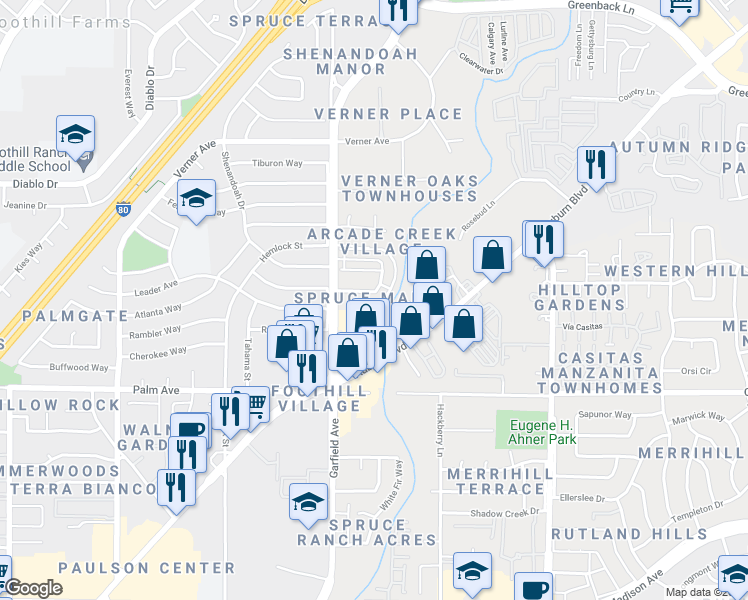 map of restaurants, bars, coffee shops, grocery stores, and more near 5533 Keoncrest Circle in Sacramento