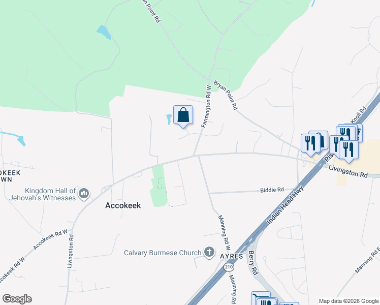 map of restaurants, bars, coffee shops, grocery stores, and more near 15937 Livingston Road in Accokeek