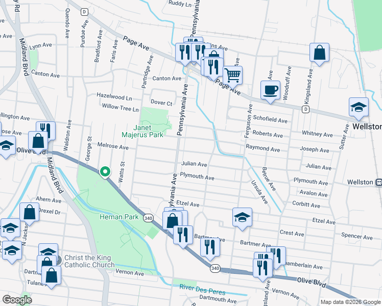 map of restaurants, bars, coffee shops, grocery stores, and more near 6929 Melrose Avenue in University City