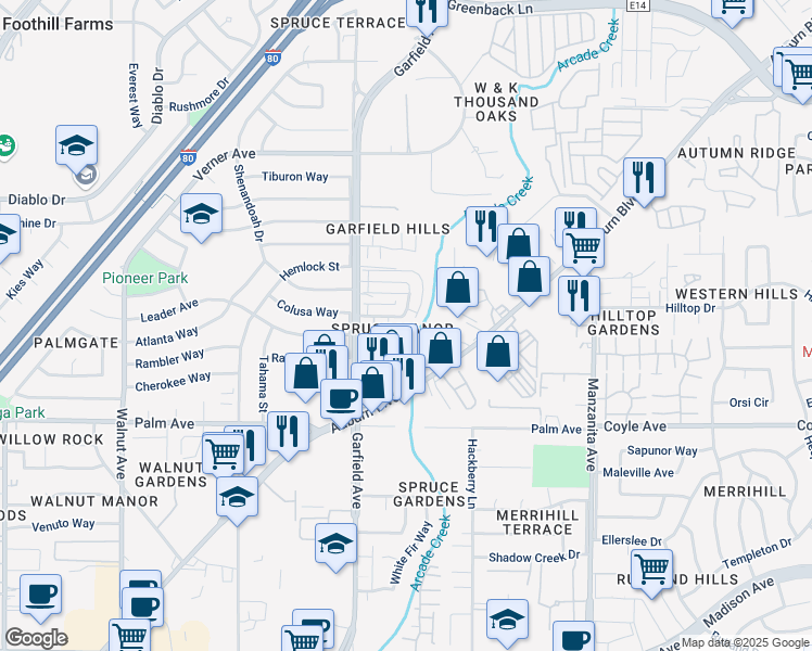 map of restaurants, bars, coffee shops, grocery stores, and more near 5533 Keoncrest Circle in Sacramento