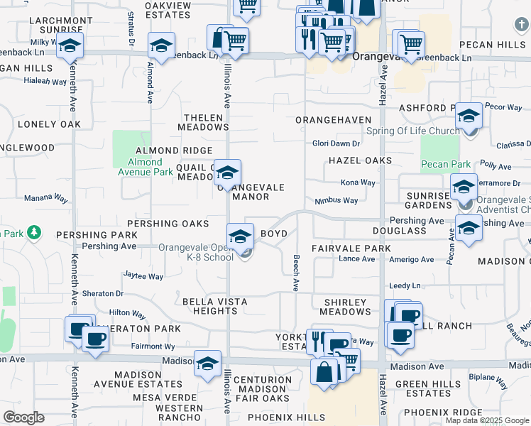 map of restaurants, bars, coffee shops, grocery stores, and more near 8741 Baxter Way in Orangevale