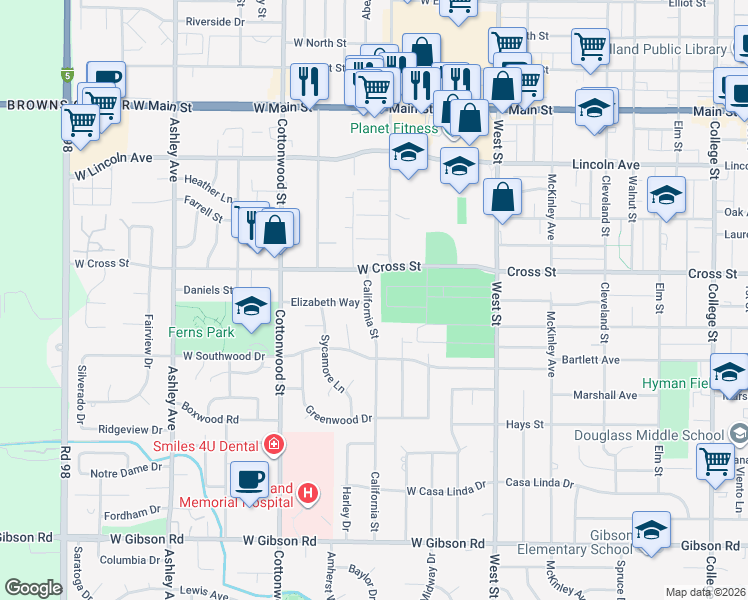 map of restaurants, bars, coffee shops, grocery stores, and more near 725 California Street in Woodland