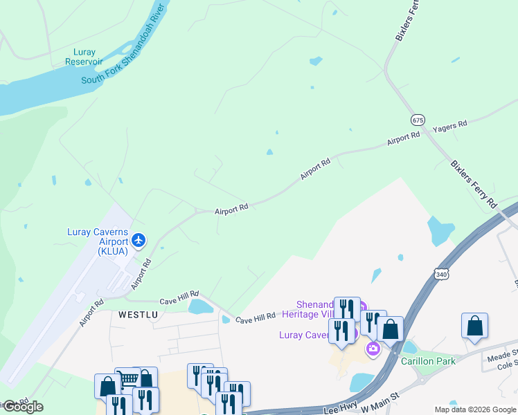 map of restaurants, bars, coffee shops, grocery stores, and more near 568 Airport Road in Luray
