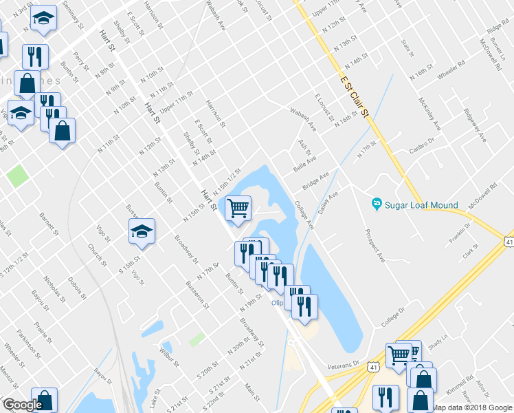 map of restaurants, bars, coffee shops, grocery stores, and more near 2 Carloma Drive in Vincennes