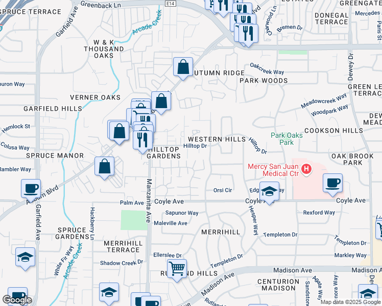 map of restaurants, bars, coffee shops, grocery stores, and more near 5824 Enfield Street in Carmichael