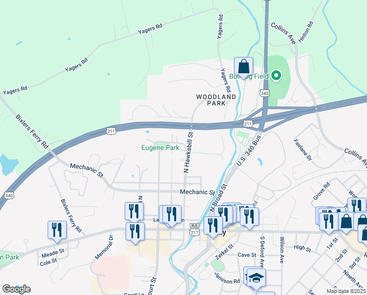 map of restaurants, bars, coffee shops, grocery stores, and more near 99 Rosser Drive in Luray