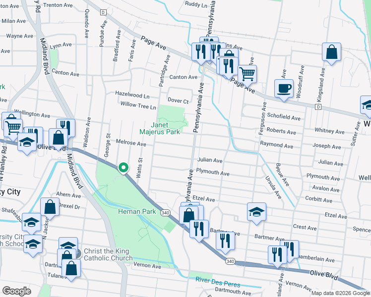 map of restaurants, bars, coffee shops, grocery stores, and more near 7017 Melrose Avenue in University City