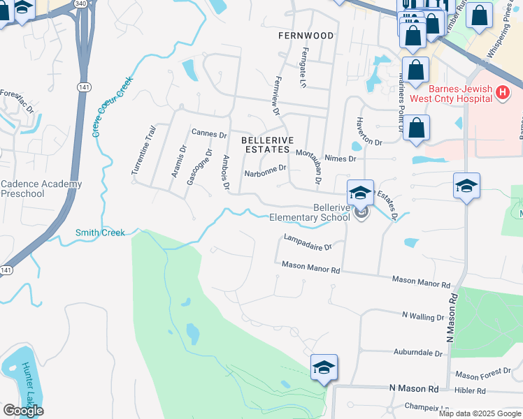 map of restaurants, bars, coffee shops, grocery stores, and more near 13022 Ambois Drive in Creve Coeur