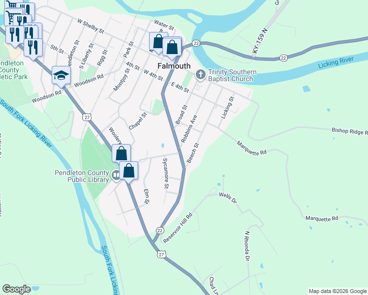 map of restaurants, bars, coffee shops, grocery stores, and more near 515 Robbins Avenue in Falmouth