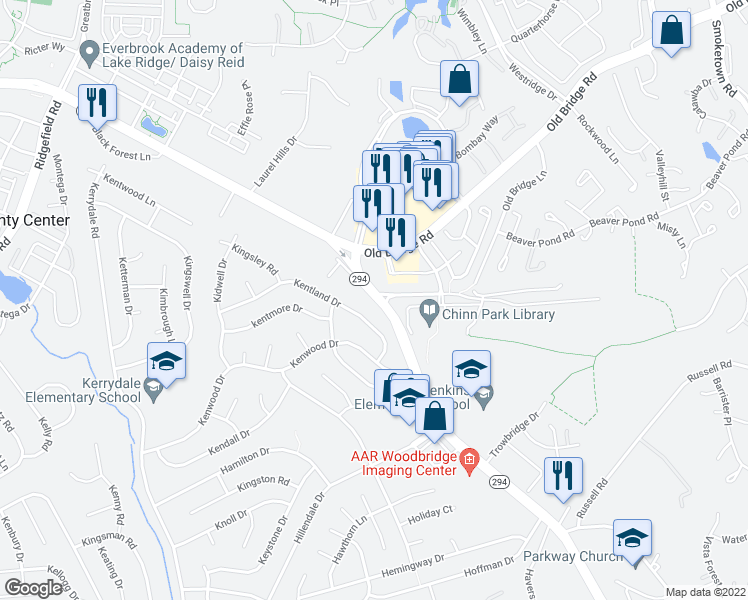 map of restaurants, bars, coffee shops, grocery stores, and more near 3987 Prince William Parkway in Woodbridge