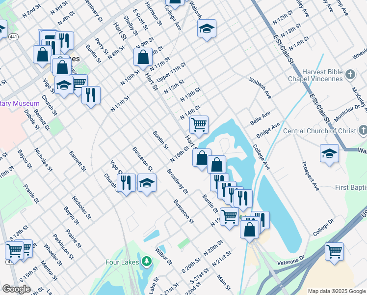 map of restaurants, bars, coffee shops, grocery stores, and more near 402 North 15th Street in Vincennes